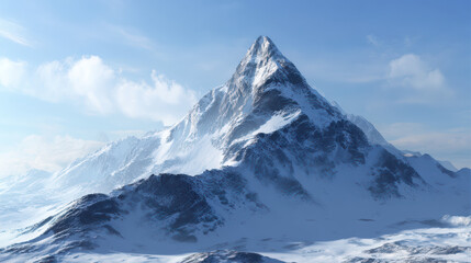 Fototapeta premium Majestic snow covered mountain peak rises dramatically against a clear blue sky with scattered clouds casting shadows creating a scenic landscape view.
