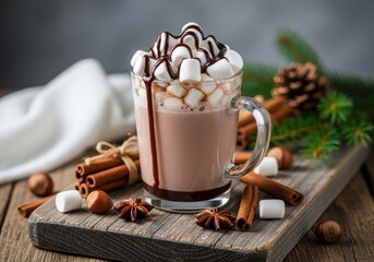 Hot chocolate with marshmallows and cinnamon sticks