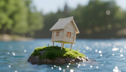 A tiny wooden house perched on a small grassy island in the middle of a calm body of water.