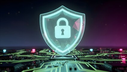 Cyber shield with glowing lock icon on futuristic digital circuit board, illustrating advanced data protection, secure network infrastructure, cyber defense and modern encryption technology