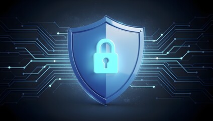 Cyber shield with glowing lock icon on futuristic digital circuit network, advanced cybersecurity protection technology background for data privacy, secure encryption, and system safety