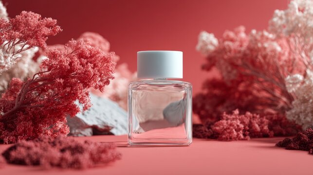 Perfume bottle among red trees for artistic product branding photography advertisement display packaging presentation design fragrance luxury concept visuals