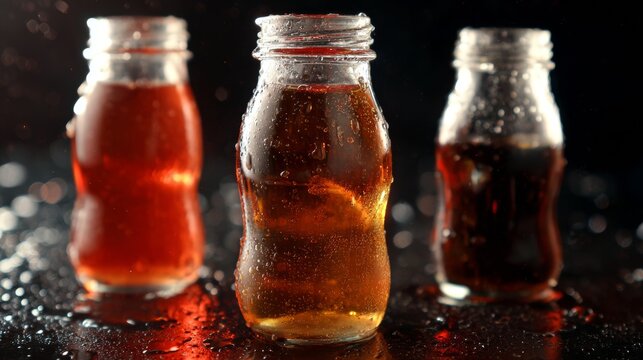 Three glass jars of amber liquid on dark surface for product branding advertisement packaging display photography presentation visuals beverage concept