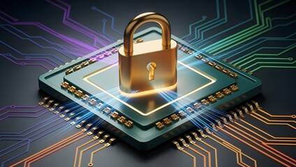 Golden padlock on advanced microchip circuit symbolizing secure hardware protection, cybersecurity encryption technology, digital data safety, and modern secure computing systems