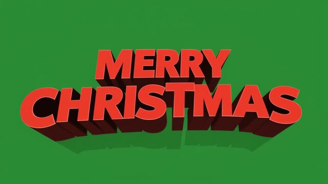Bold red three-dimensional 'Merry Christmas' text with a shadow on a solid green background.