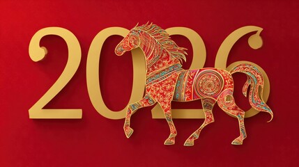 Chinese New Year 2026: Year of the Horse with ornate gold design on red background