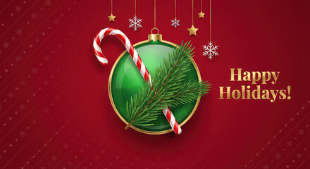 Happy Holidays Greeting Card Background with Green Christmas Ornament, Candy Cane, and Pine Branch on Red