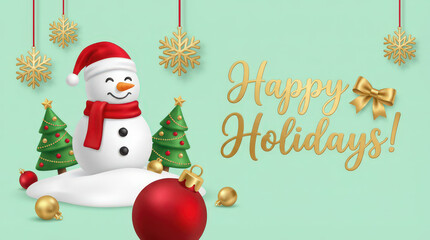 3D Snowman with Santa Hat and Holiday Greetings on Snowy Background