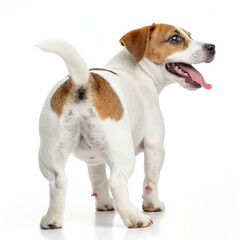 Jack Russell Terrier Dog Standing from Behind Looking Right, White Background
