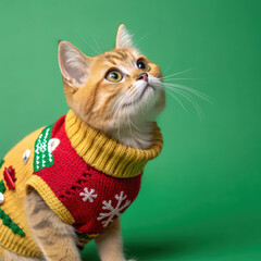 Close-up of Orange Tabby Kitten Wearing Red and Yellow Christmas Holiday Sweater