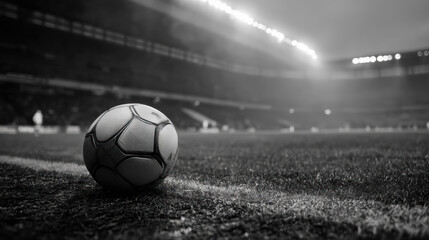 A classic black and white photograph showcases a soccer ball resting on the grass field inside a large stadium illuminated by bright lights at night after a game.