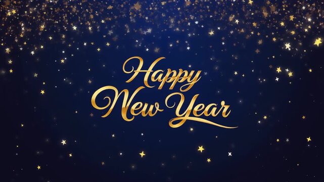 Elegant gold script reading Happy New Year on a dark blue background with sparkling stars and glitter.