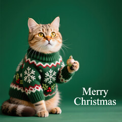 Tabby cat wearing a green ugly Christmas sweater and holding a small gold ornament