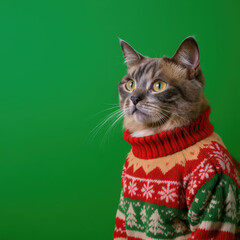 Cute Cat Wearing a Red and Green Ugly Christmas Sweater Against a Solid Green Studio Background