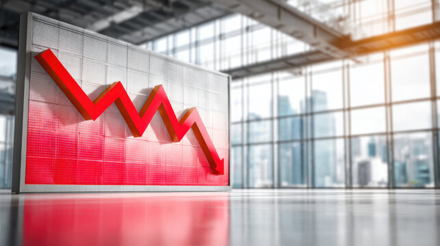 Red downward graph tech layoffs highlight falling market confidence in modern office setting with skyline view