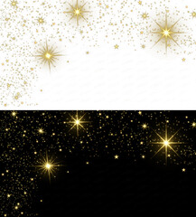Set of Gold Glitter Star and Particle Trails on Separate Black and Transparent Backgrounds