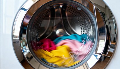 Clothes spinning in a bright modern washing machine