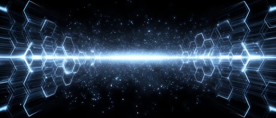 Futuristic glowing data tunnel with hexagonal grid