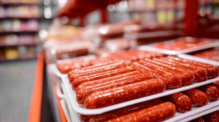 Sausages displayed in grocery meat aisle for food packaging product photography branding presentation display retail supermarket cold storage marketing
