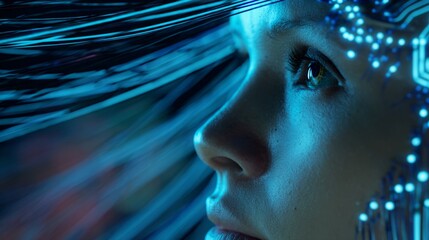 Futuristic female figure with glowing neural connections