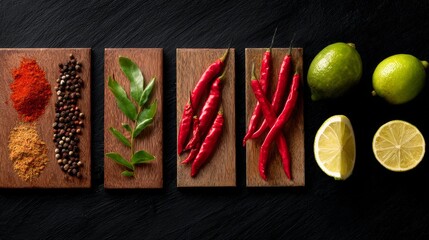 Spices and herbs laid out on dark board for culinary food photography branding product display presentation composition ingredients visual rustic style