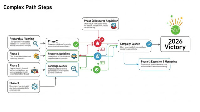 Complex Path Steps: A detailed diagram illustrating the complex path steps, highlighting research, resource acquisition, and campaign launch to achieve a successful outcome.