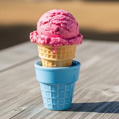 Delicious scoop of pink ice cream served on a waffle cone in a blue pot