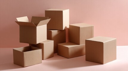 Fototapeta premium Cardboard boxes stacked and arranged on pink background for shipping packaging branding ecommerce photography presentation logistics product visual