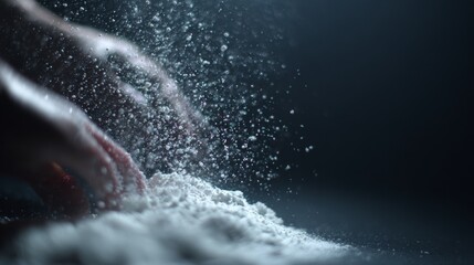 Hands tossing white flour in dramatic light for baking concept food photography culinary product branding presentation texture display composition