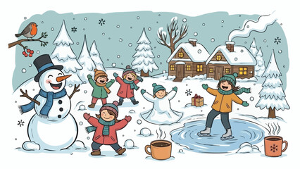 Children playing in the snow with a snowman and ice skating.