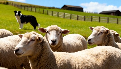 Obraz premium Sheep in summer pasture with alert sheepdog behind