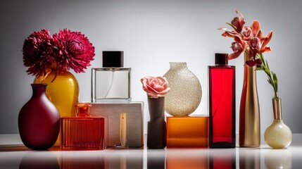 Perfume bottles with decorative flowers on white background for beauty branding product photography presentation fragrance display composition elegance
