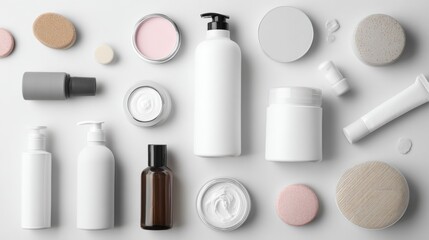 Obraz premium Flat lay of skincare containers and beauty tools on white background for cosmetic branding photography product display modern composition presentation
