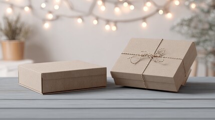 Two brown cardboard gift boxes on neutral background with twine for eco packaging presentation branding product photography rustic style