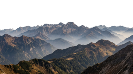 Mountain range layered silhouette with snow peak highlights and valley shadow isolated on transparent background, PNG