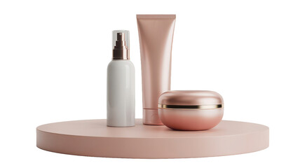 Luxury rose gold skincare product set on pink podium isolated on white background
