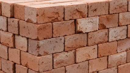 Stacked red bricks on construction site display rough texture and structure