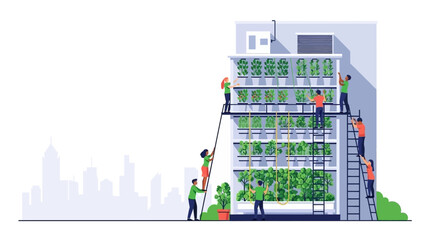 Collaborative Team Tending a High-Tech Vertical City Farm Focused on Urban Sustainability