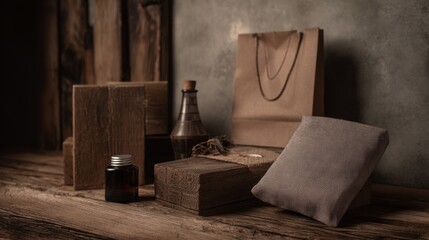 Rustic packaging boxes and paper bags on wood background for eco branding photography and handmade product composition lifestyle scene