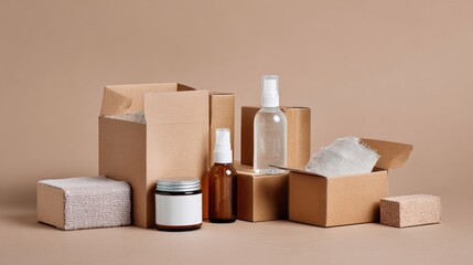 Eco-friendly packaging and skincare products on beige background for sustainable branding photography and natural product composition scene