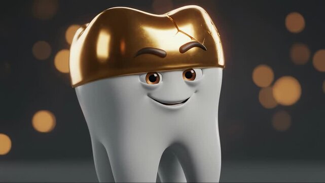 3D animated tooth character with a gold crown winking and smiling. Cute cartoon dentistry mascot with a cracked golden cap. Dental care and luxury concept