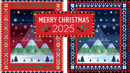 Fototapeta premium Festive christmas design featuring mountains, trees, snowflakes, and a merry christmas 2025 message