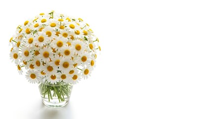 Vibrant Daisy Bouquet in Glass Vase on White Background.