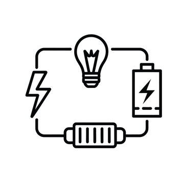 Simplified electrical circuit diagram demonstrating energy flow between power source battery resistor and lightbulb linear outline icon
