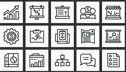 A collection of 16 black and white line icons depicting various business and finance concepts on a grid background.