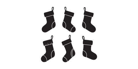 Minimalist Christmas stockings with snowflake design in black and white, festive holiday decoration icon with hanging loops, A black silhouette icon of a Christmas stocking with a small tree design