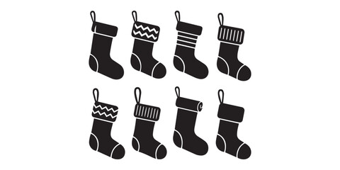 Minimalist Christmas stockings with snowflake design in black and white, festive holiday decoration icon with hanging loops, A black silhouette icon of a Christmas stocking with a small tree design