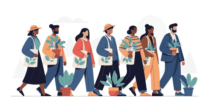 Group of people holding flags, standing in a crowd, with silhouette businessman and woman teamwork