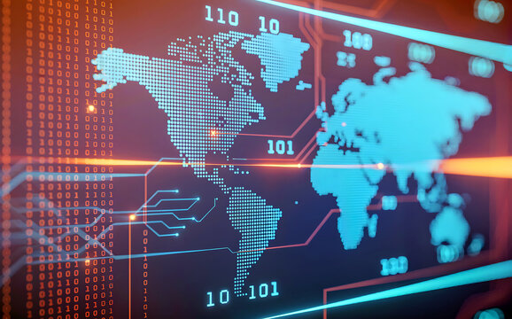 Dynamic digital world map interface displays global data streams and binary code for cybersecurity and technology concepts - Powered by Adobe