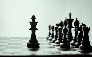 Bold black king stands alone against an advancing army ready for strategic confrontation on the chessboard